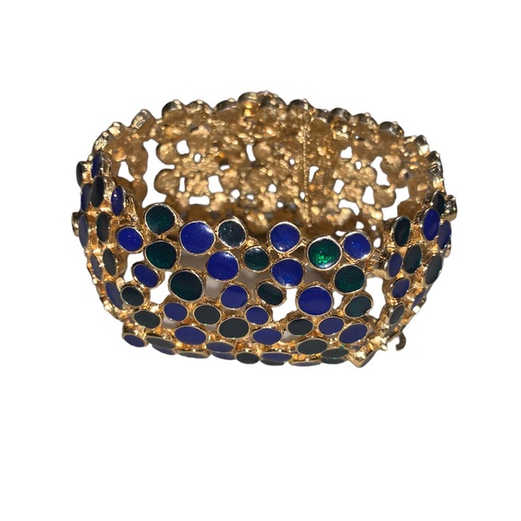 Vintage bracelet, gold with blue and green enamel decoration. 8”x1.5” - Picture 1 of 8